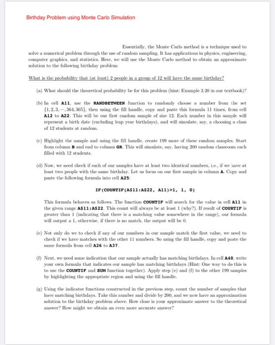 Birthday Problem Using Monte Carlo Simulation | Chegg.com