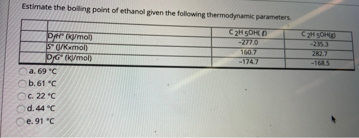 Solved Estimate The Boiling Point Of Ethanol Given The Fo Chegg Com