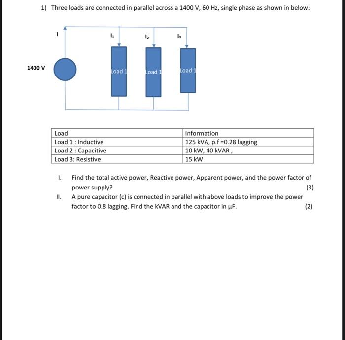 Solved 1) Three loads are connected in parallel across a | Chegg.com