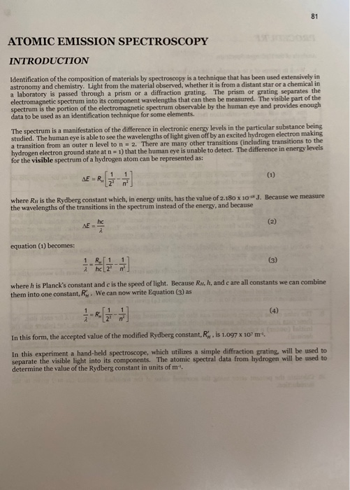 Solved ATOMIC EMISSION SPECTROSCOPY INTRODUCTION | Chegg.com | Chegg.com