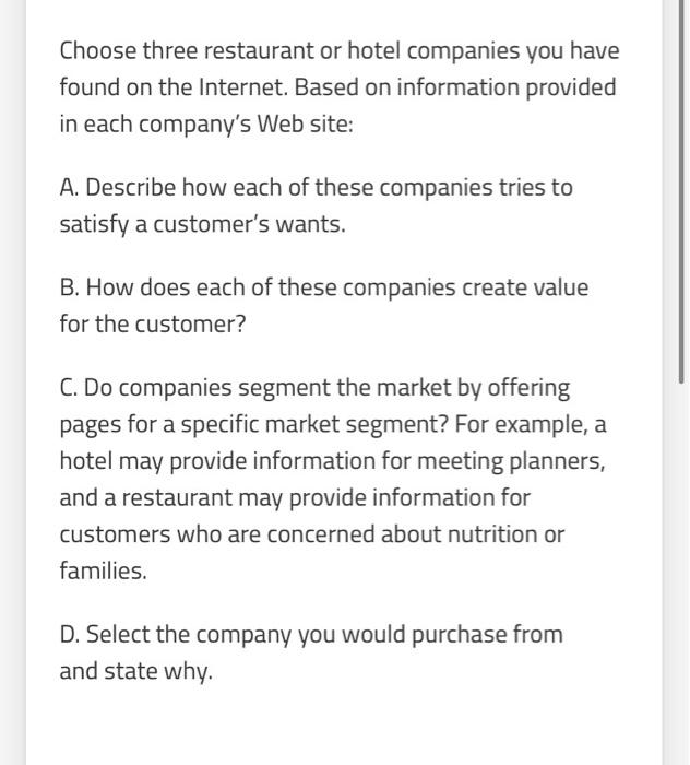 Choose three restaurant or hotel companies you have | Chegg.com