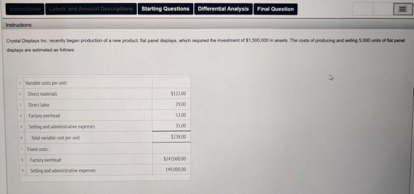 Solved Instructions Labels and Amount Descriptions Starting | Chegg.com