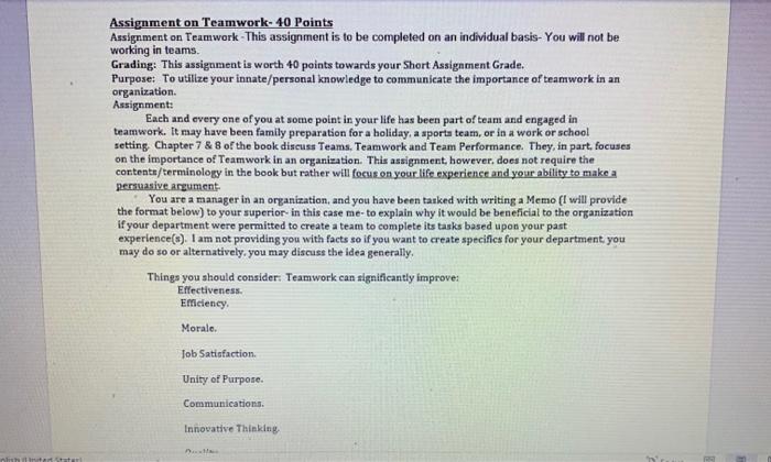 Solved Assignment on Teamwork- 40 Points Assignment on | Chegg.com