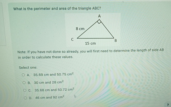 Solved What is the perimeter and area of the triangle ABC | Chegg.com