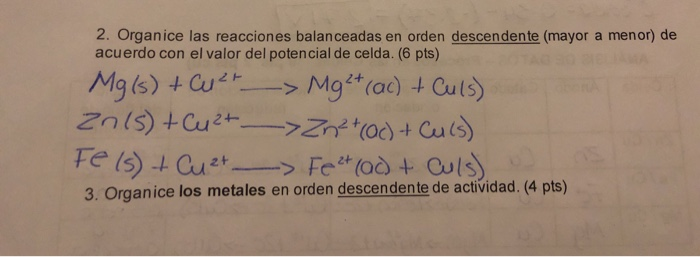 Solved Organize The Metals Of The Previous Part In Order Chegg Com