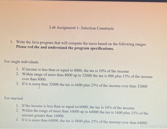 Solved Lab Assignment 1- Selection Constructs 1. Write the | Chegg.com
