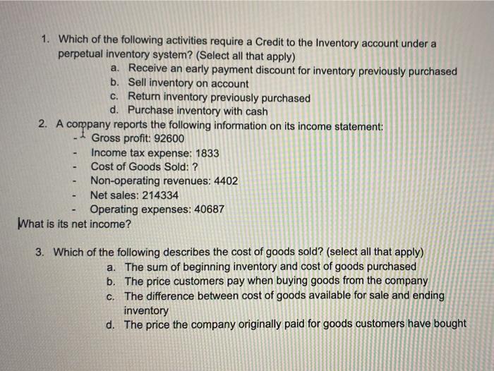 Solved 1. Which of the following activities require a Credit