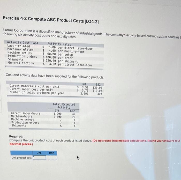 Solved Exercise 4 3 Compute Abc Product Costs L04 3 Larner