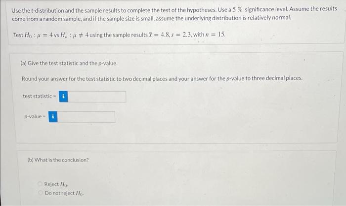 Solved Use the t-distribution and the sample results to | Chegg.com