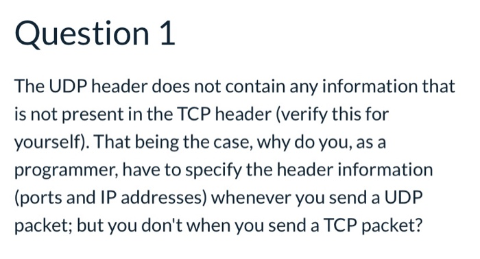 Solved Question 1 The UDP Header Does Not Contain Any | Chegg.com