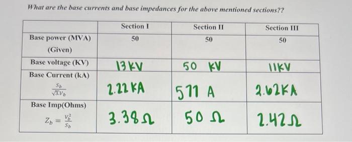 What are the base currents and base impedances for the above mentioned sections??