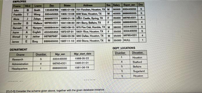 Solved EMPLOYEE FNAME MINIT LNAME SSN DEPARTMENT DNAME DEPT | Chegg.com