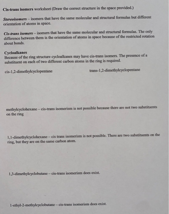 Solved Cis-trans Isomers Worksheet (Draw The Correct | Chegg.com