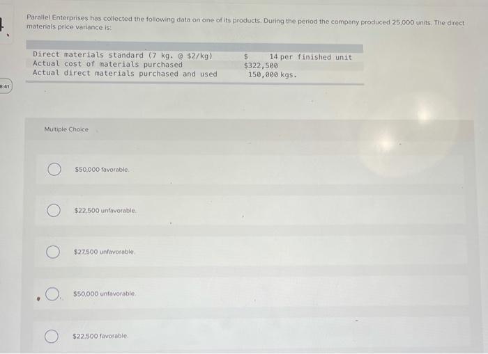Solved Parallel Enterprises has collected the following data | Chegg.com