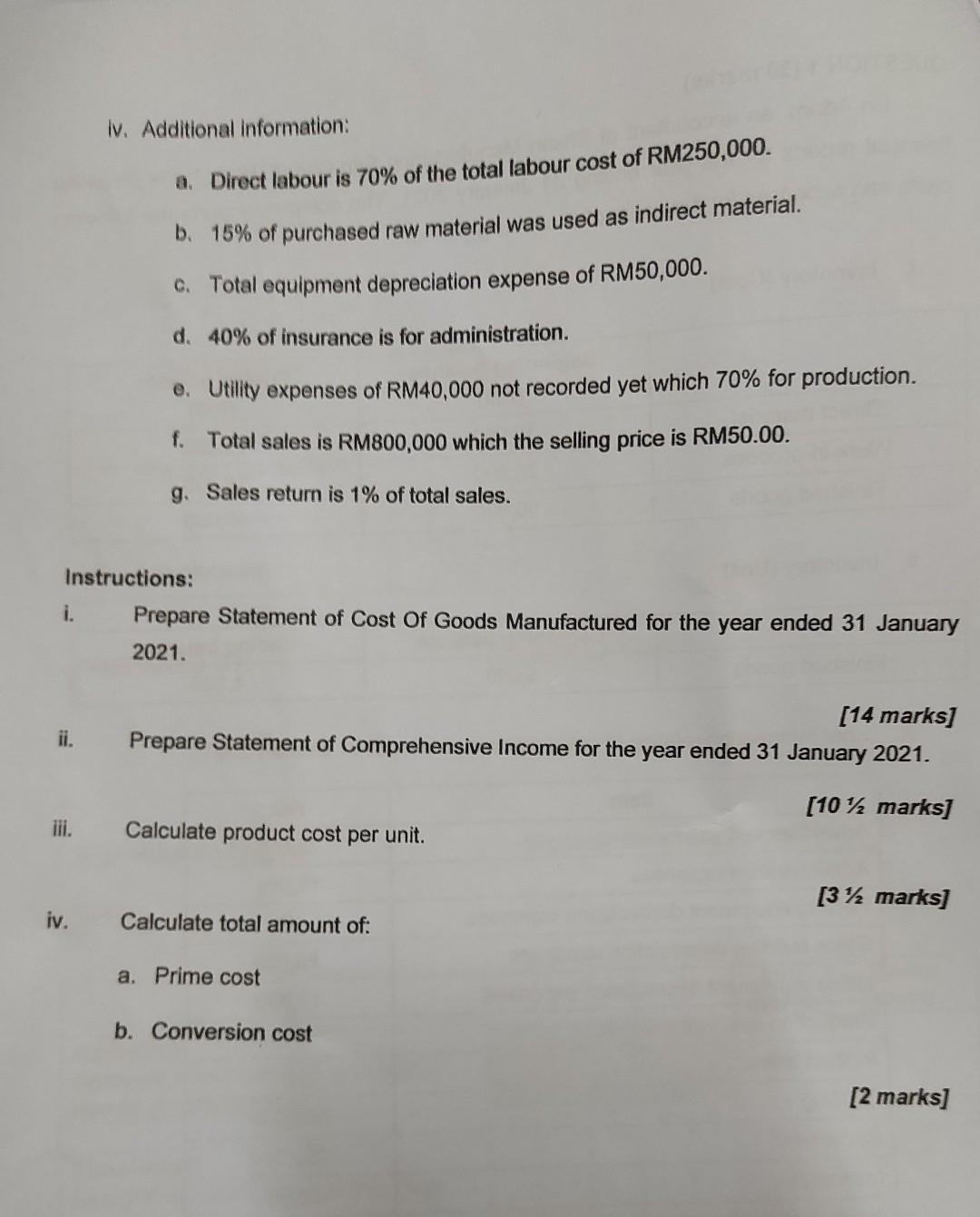 Solved iv. Additional Information: QUESTION 1 (30 marks) En | Chegg.com