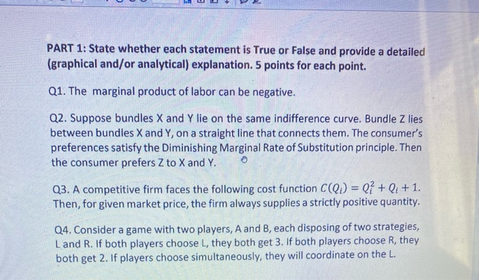 Solved PART 1: State whether each statement is True or False | Chegg.com