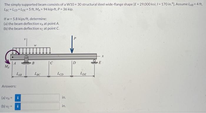 Solved The simply supported beam consists of a W10 x 30 | Chegg.com