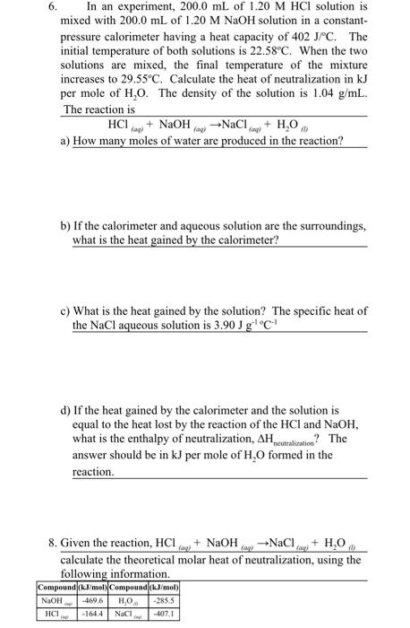 Solved 6. In an experiment, 200.0 mL of 1.20MHCl solution is | Chegg.com