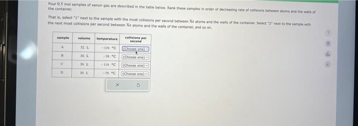 Four \( 0.5 \) mal camples of xenon gas are described in the taele below, Rank these samples in arder of decreasing rate of c
