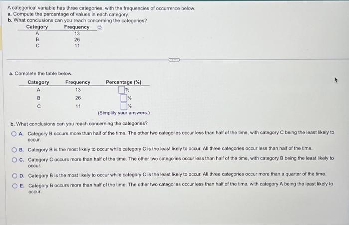 Solved A Categorical Variable Has Three Categories, With The | Chegg.com