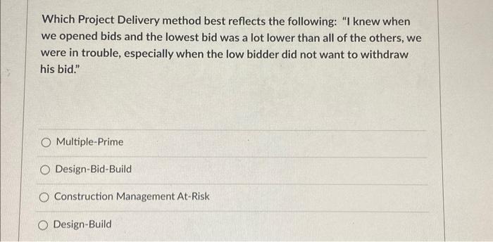 Solved Which Project Delivery method best reflects the | Chegg.com