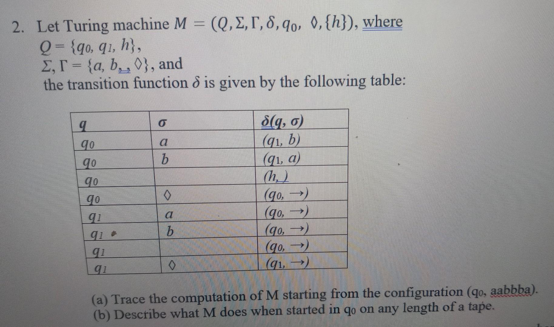 Solved 2. Let Turing Machine M=(Q,Σ,Γ,δ,q0,0,{h}), Where | Chegg.com