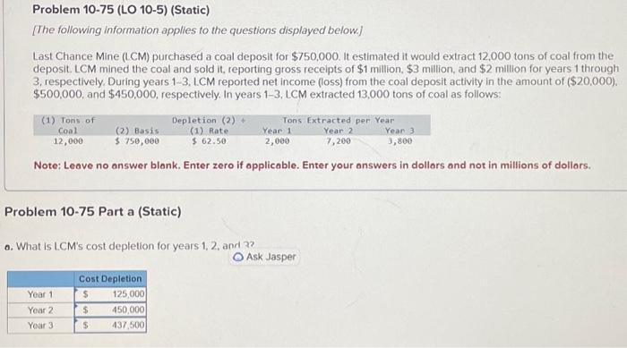 Solved Problem 10-75 (LO 10-5) (Static) [The following | Chegg.com