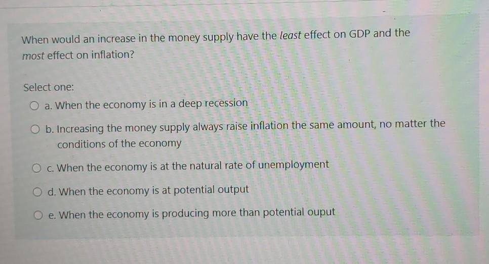 Solved When would an increase in the money supply have the | Chegg.com