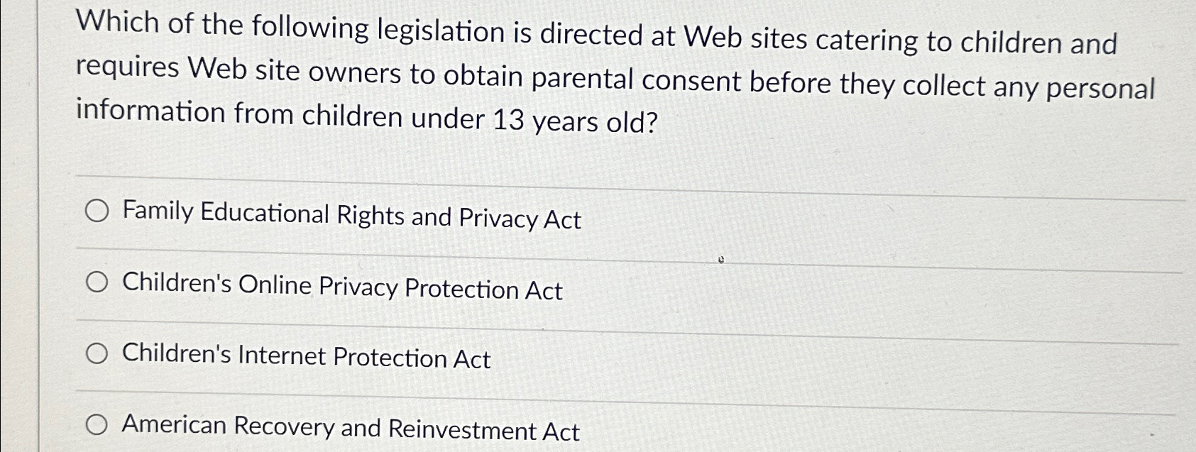 Solved Which of the following legislation is directed at Web | Chegg.com