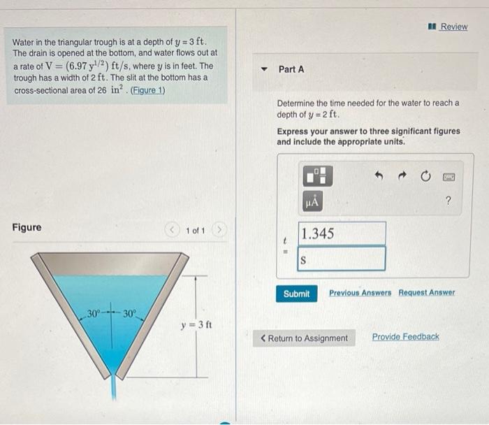 Solved Review Water in the triangular trough is at a depth | Chegg.com