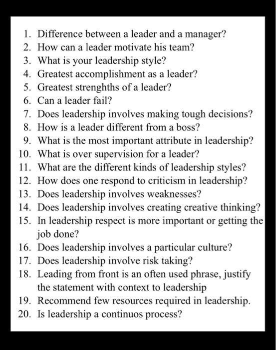 Solved 1. Difference between a leader and a manager? 2. How | Chegg.com