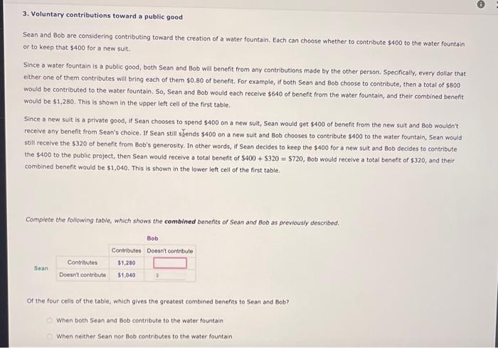 Solved 3. Voluntary contributions toward a public good Sean | Chegg.com