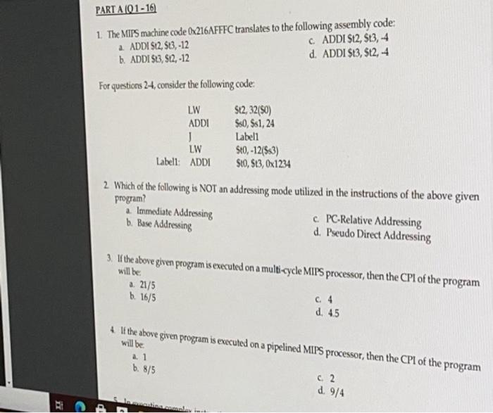 Solved PART A (01-16) 1. The MIPS machine code 0x216AFFFC | Chegg.com