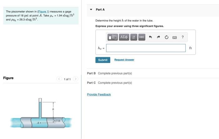 Solved The piezometer shown in measures a gage pressure of | Chegg.com