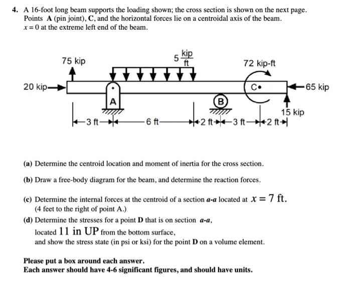Solved 4. A 16-foot long beam supports the loading shown; | Chegg.com