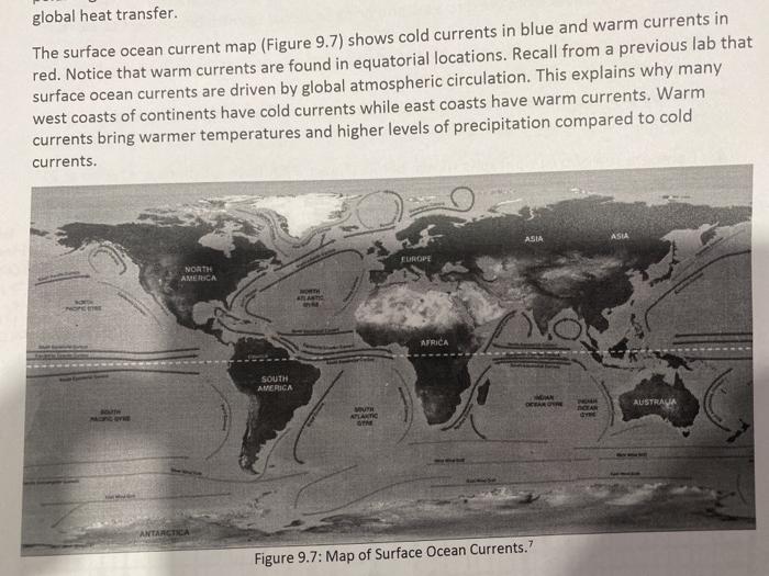 global heat transfer The surface ocean current map (Figure 9.7) shows cold currents in blue and warm currents in red. Notice