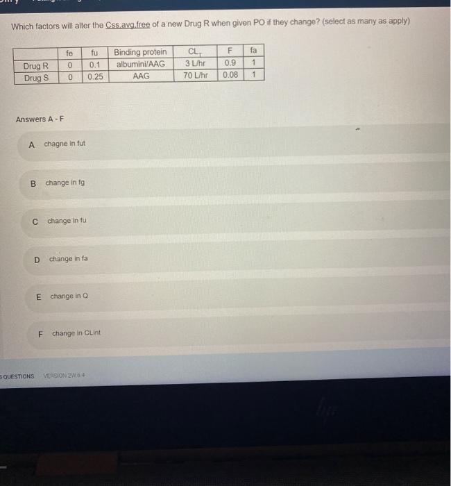 Which factors will alter the Css.avg.free of a new Drug Rwhen given PO if they change? (select as many as apply) fe 0 0 Drug