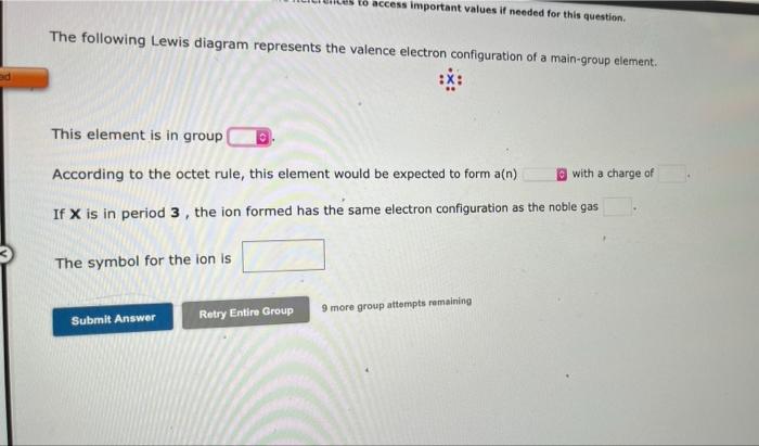 edi
The following Lewis diagram represents the valence electron configuration of a main-group element.
This element is in gro