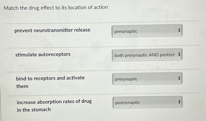 Solved Match the drug effect to its location of action | Chegg.com