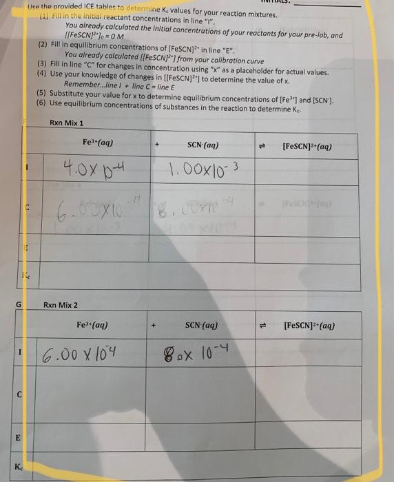 G
C
E
K?
Use the provided ICE tables to determine K, values for your reaction mixtures.
(1) Fill in the initial reactant conc