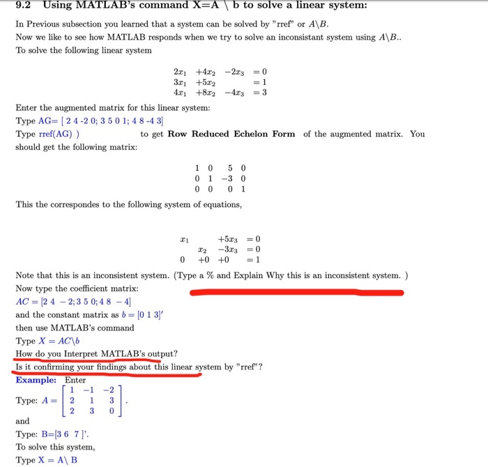 Solved 9.2 Using MATLAB's Command X=A B To Solve A Linear | Chegg.com