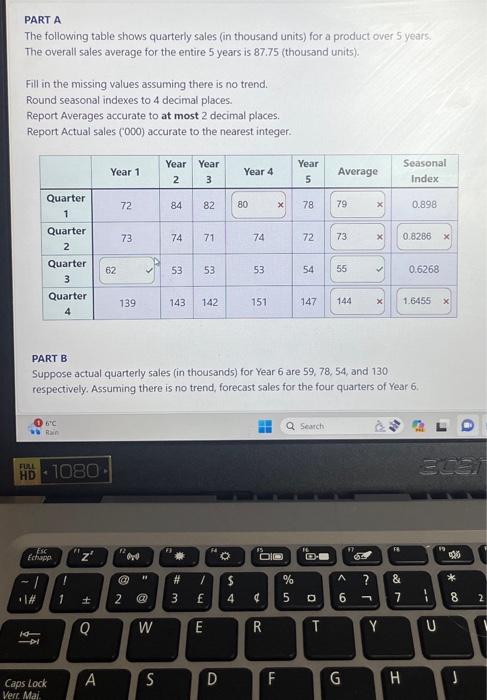 Solved PART A The following table shows quarterly sales (in | Chegg.com