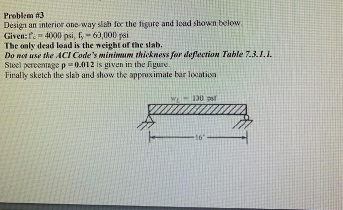 Solved Problem #3 Design an interior one-way slab for the | Chegg.com