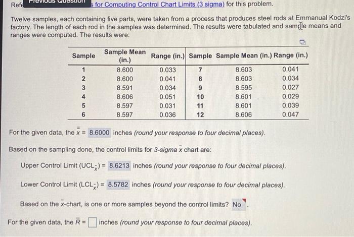 Solved Refe for Computing Control Chart Limits.(3 sigma) for | Chegg.com
