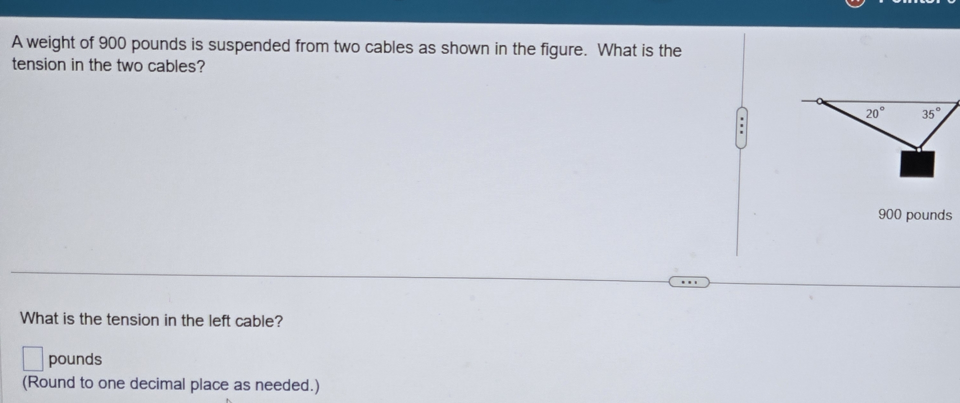 Solved A weight of 900 ﻿pounds is suspended from two cables
