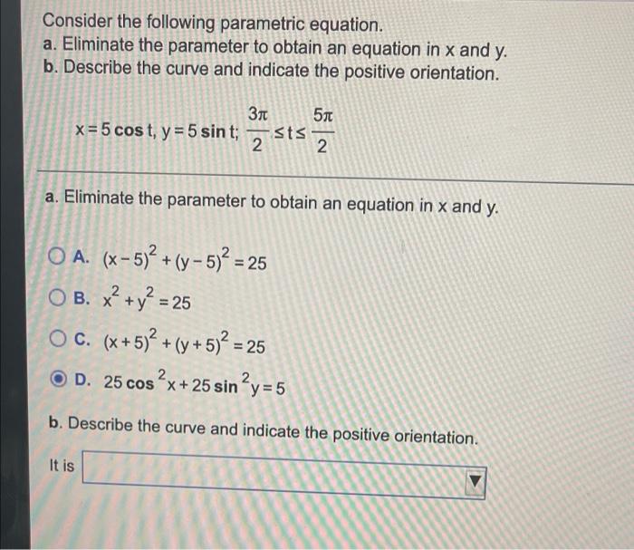 Solved Consider the following parametric equation. a. | Chegg.com