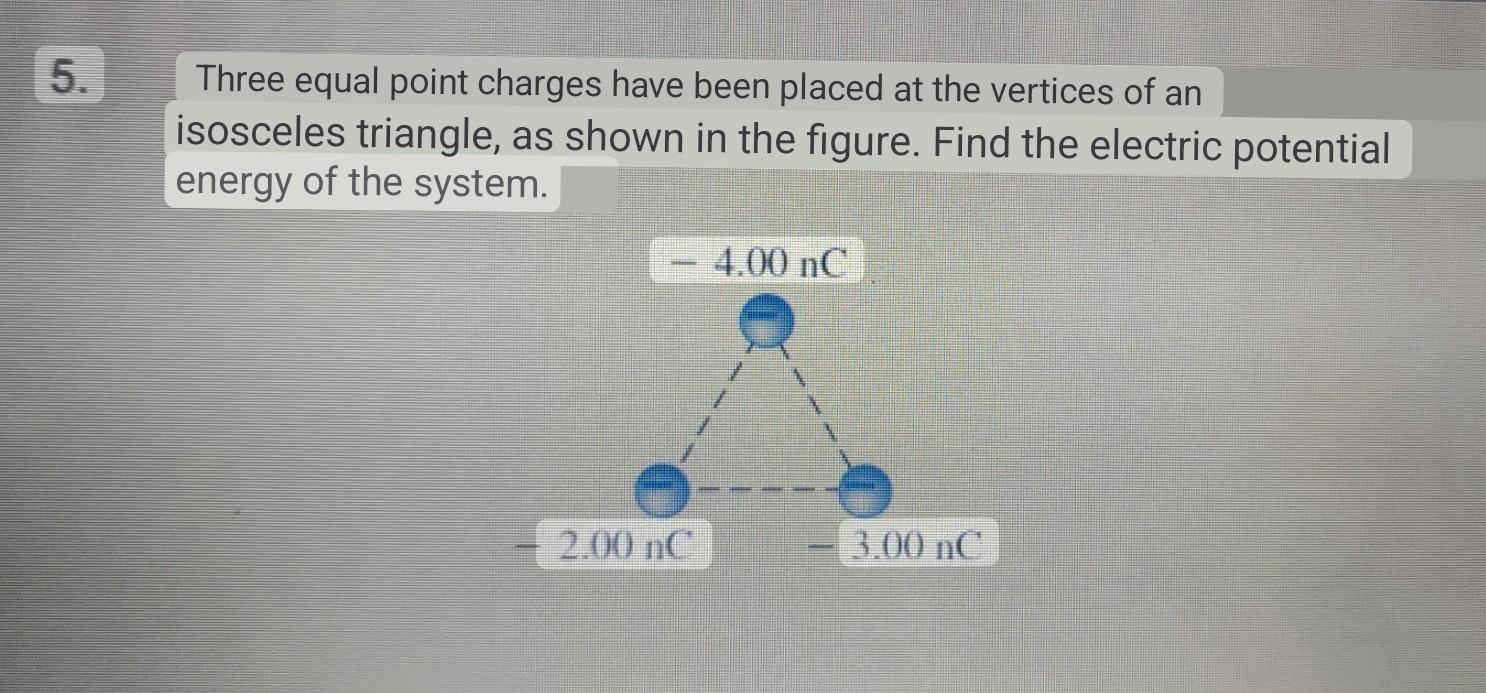 Three equal point charges have been placed at the vertices of an isosceles triangle, as shown in the figure. Find the electri