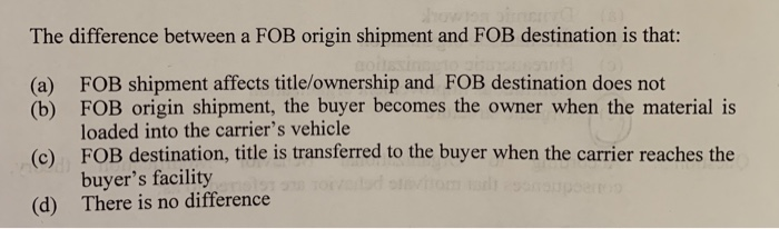 Solved The difference between a FOB origin shipment and FOB | Chegg.com