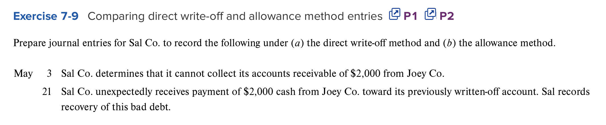 Comparing direct write-off and allowance method | Chegg.com