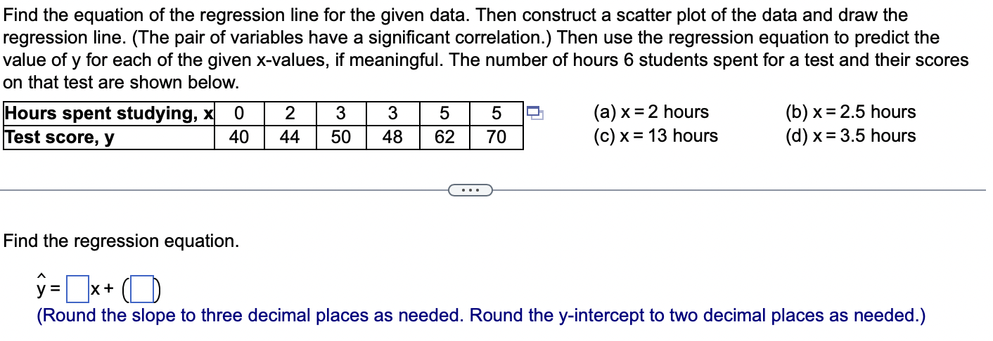 Find the equation of the regression line for the | Chegg.com